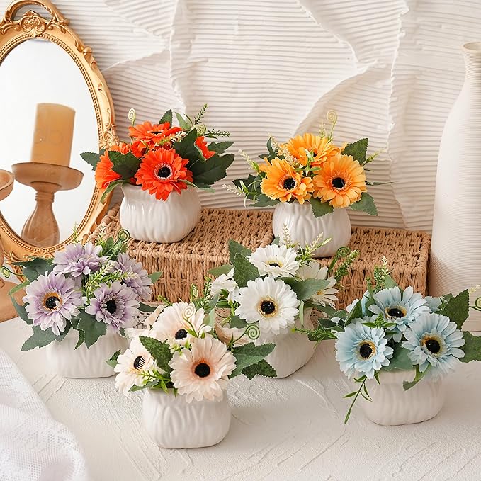 Donmills 6PCS Artificial Sunflower with Ceramic Vases – Spring Centerpiece Table Decorations, Faux Sunflower Floral Arrangements for Coffee Table, Dining Room, Kitchen & Farmhouse Home Decor