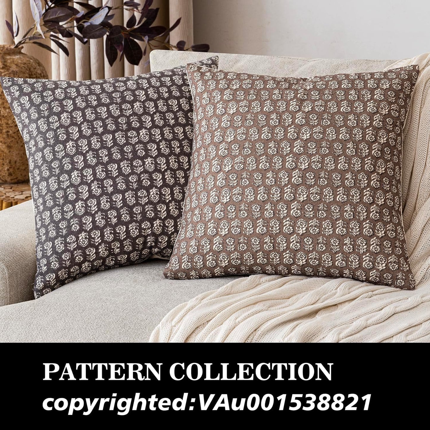 Foindtower Set of 2 Decorative Neutral Floral Print Throw Pillow Covers Vintage Accent Farmhouse Cushion Covers Boho Home Decor for Sofa Couch Chair Bedroom Living Room Outdoor,22×22 Inch,Brown