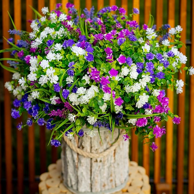 AXYLEX Artificial Flowers for Outdoors Fake Plants - 12 Bundles Faux Outside Greenery Boxwood No Fade Plastic Shrubs Home Decor Farmhouse Garden (Mixed, 3 Colors Magenta Purple White)