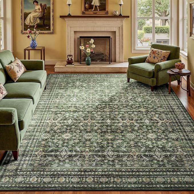 Lofus 7x10 Area Rug for Living Room,Green Washable Area Rugs with Non-Slip Backing,Soft Boho Carpets for Bedroom Dining Room Home Office Indoor Nursery
