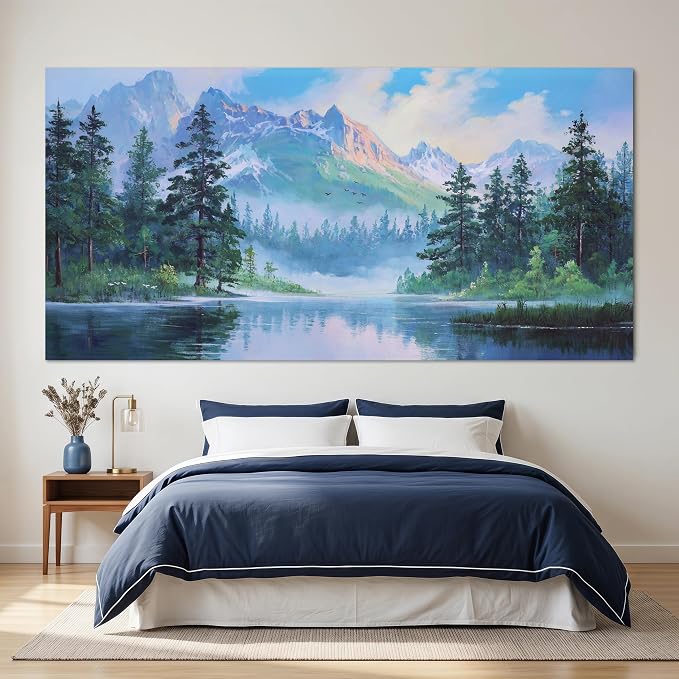 Acocifi Landscape Canvas Wall Art for Living Room 58"x29" Blue Painting | mountain lake forest nature scenery picture pine trees modern wall decor bedroom kitchen large artwork framed ready to hang