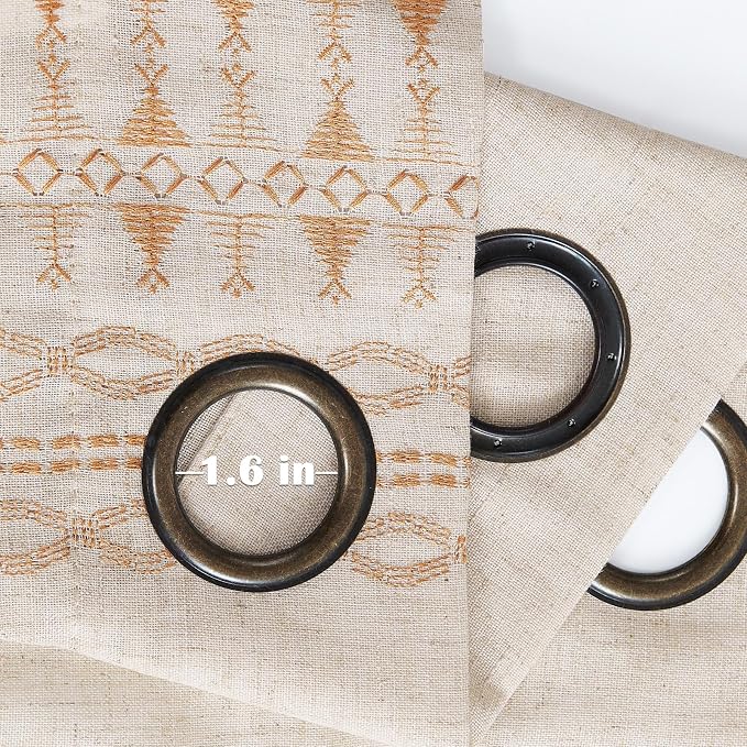 jinchan Boho Curtains Embroidered Linen Blend Window Curtains for Bedroom, Drapes 84 Inch Length 2 Panels Set, Geometry Grommet Bohemian Window Treatments Set for Living Room Gold on Beige