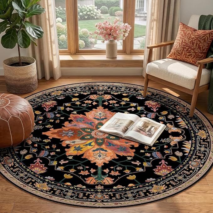 RELEANY Area Rugs 4ft Washable Non-Slip, Floral Vintage Distress Print Pattern Medallion Carpet for Living Room Bedroom Dining Room, Black Colorful Floral Dark Tan