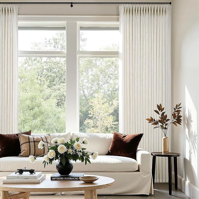 Pinch Pleated Thick Linen Curtains 102 Inch Length 2 Panels Set for Living Room Warm Beige Neutral Pleated Curtains Semi Sheer Light Filtering Privacy Bedroom Window Drapes