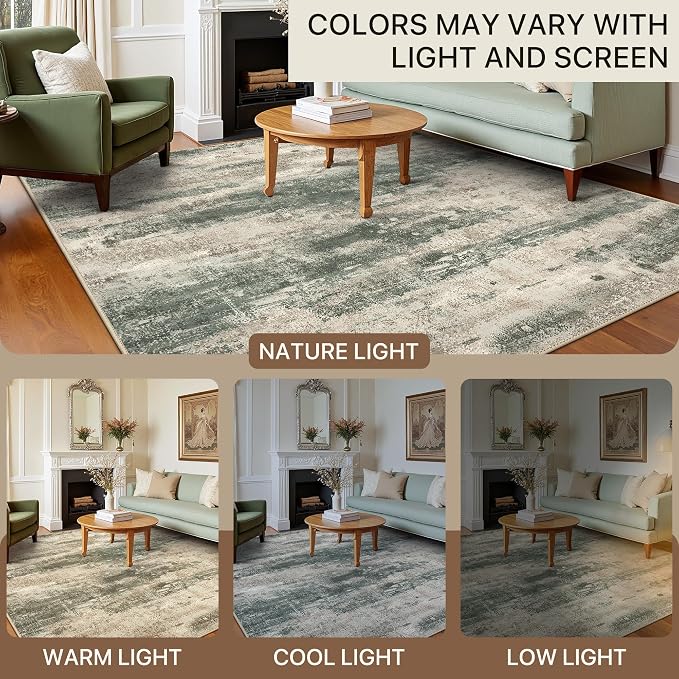BEIMO Round Rugs 4FT for Living Room Bedroom, Modern Abstract Machine Washable Circle Rug, Soft Low Pile Floor Cover with Non Slip Backing for Dining Room, Grey/Dark Green