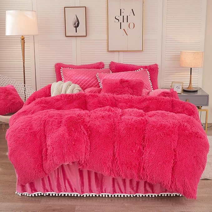 LIFEREVO Luxury Plush Shaggy Duvet Cover Set, Soft Velvet Fluffy Duvet Cover Furry Bedding Comforter Set(1 Faux Fur Fuzzy Duvet Cover + 2 Pompoms Pillow Cases), Zipper Closure(Full/Queen, Hot Pink)