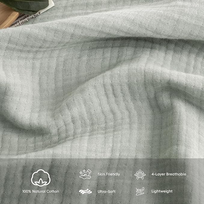FOSSA Muslin Blanket 4-Layer 100% Cotton Gauze Blanket with Fringe 90"x90" | Super Soft Breathable Lightweight All Season & Decorative Blanket or Bed, Sofa, Office (Sage Green,Queen)