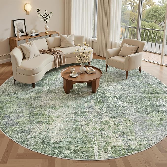 Soalmost 8x8 Green/Ivory Round Rug 8ft Living Room Circle Rug Vintage Round Area Rug Non Slip Indoor Carpet for Apartment