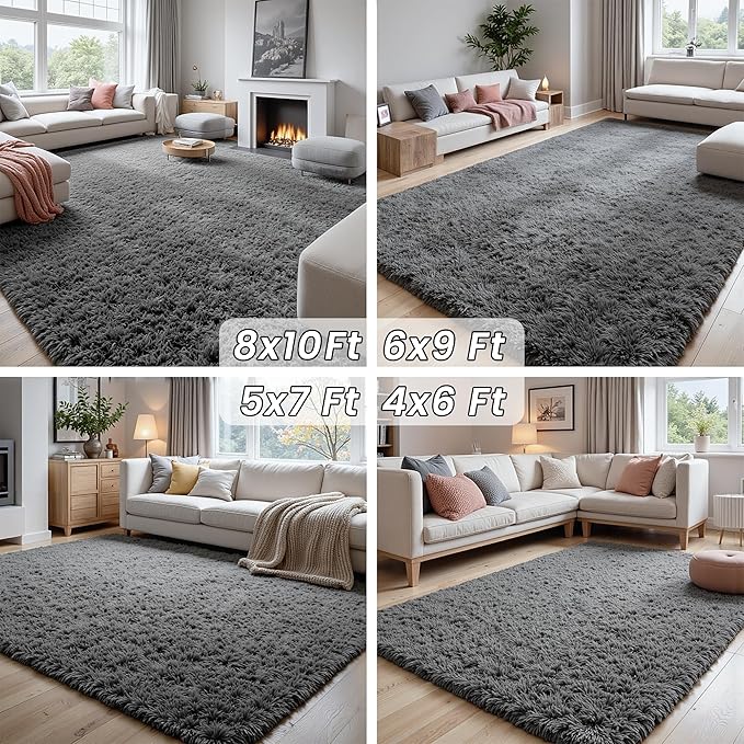 8x10 Area Rugs for Living Room: Ultra Soft Fluffy Shag Grey Rugs for Bedroom, Non-Slip Large Fuzzy Plush Rug Indoor Floor Carpet for Nursery Kids Boys Girls Room, Dorms, Playroom, Modern Home Decor