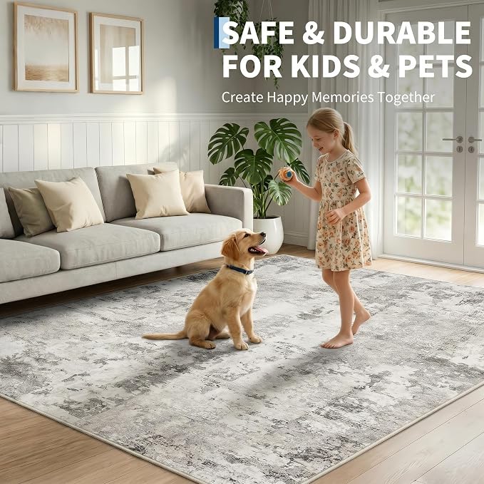 GarveeHome 5x7 Abstract Area Rug, Washable Soft Low Pile Non Slip Accent Rug for Living Room, Bedroom, Dining Room, Modern Neutral Beige Indoor Carpet