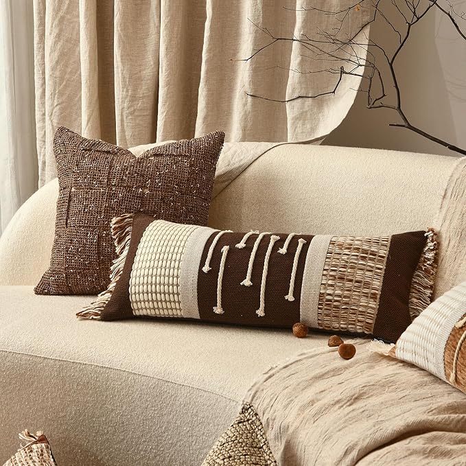 Decorative Lumbar Pillow Cover 12x28, Boho Woven Farmhouse Cotton Linen Cushion Case with Tassels & Hidden Zipper, Lumbar Throw Pillow Case for Bed Sofa Bedroom Living Room(Dark Brown)
