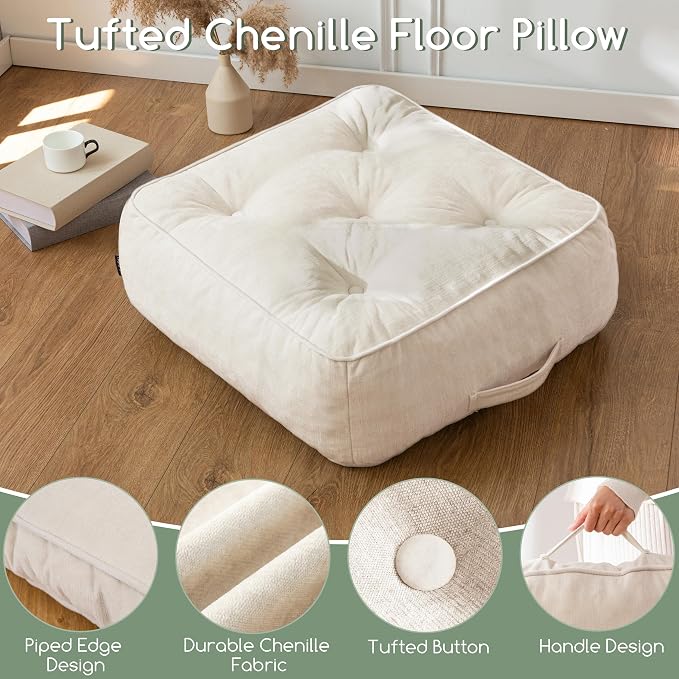 HIGOGOGO 8" Extra Thick Floor Pillow Cushion for Adults, Meditation Cushion Pillow with Handle, Lustrous Chenille Tufted, Square Floor Sitting for Tatami Living Room or Yoga, 22x22 Inch, Beige