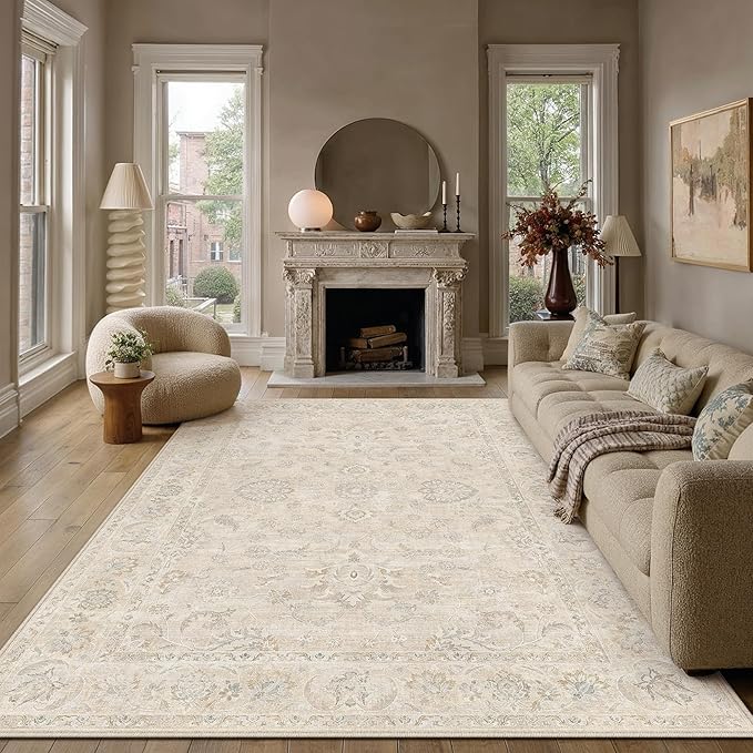 8x10 Cream Washable Area Rug for Living Room Bedroom Neutral Floral Soft Non Slip Rug Low Pile Distressed Carpet for Dining Room Nursery Office Indoor