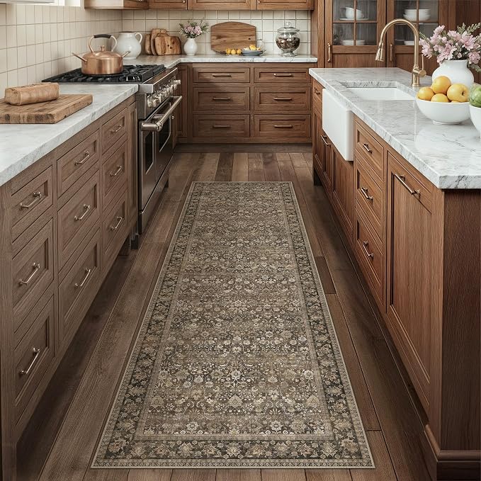 HUGEAR 2x12 Runner Rug Machine Washable Brown Hallway Area Rug Indoor Accent Rug Floral Low Pile Carpet Soft Throw Rug Bedroom Living Room Office Dining Room Kitchen Laundry Room Non Slip