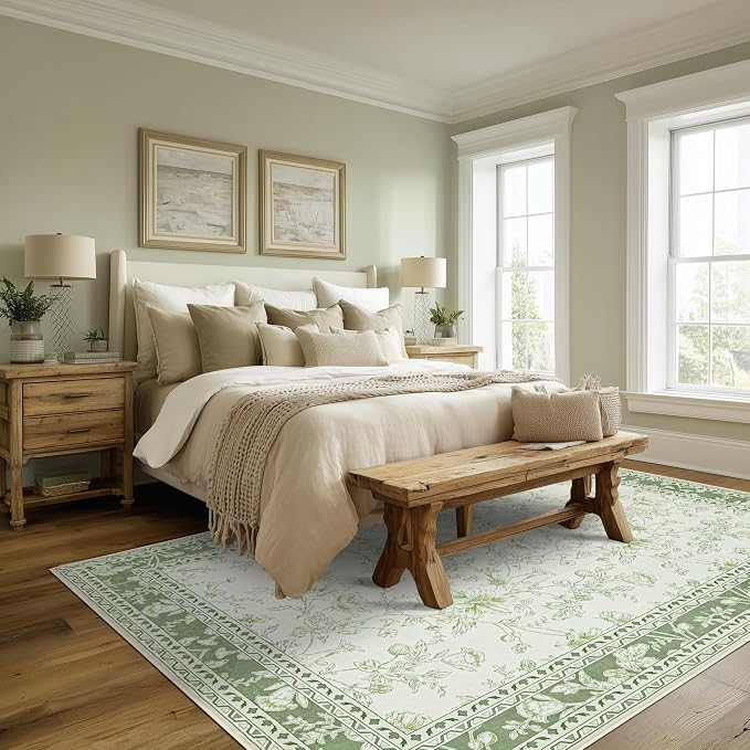 Sage Green Floral 5x7 Area Rug Vintage Boho Washable Printed Rug for Living Room Non-Slip Soft Bedroom Cottagecore Farmhouse Carpet for Dining Room Nursery Light Green and Cream Beige Sketch Style