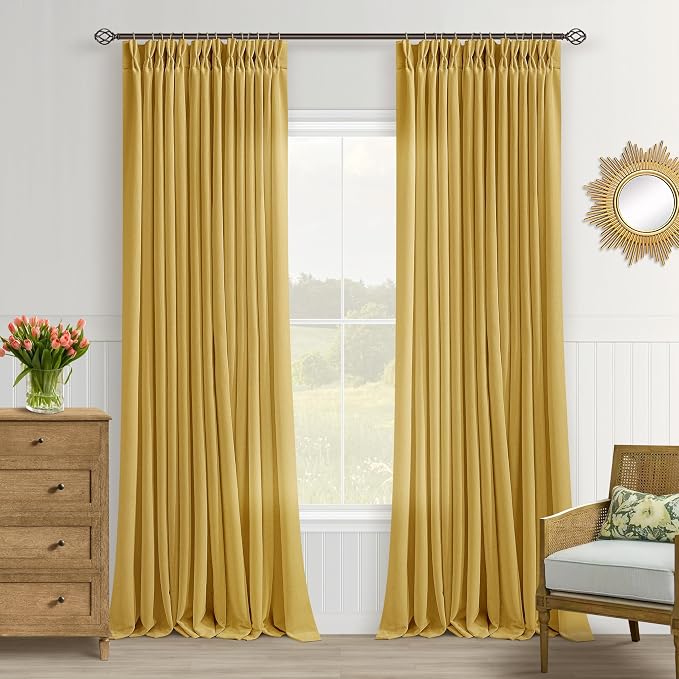 Mustard Yellow Linen Curtains 96 Inch Pinch Pleated for Living Room Bedroom Dining Boho Light Filtering Spring Decor Pinch Pleat Drapes Back Tab Semi Sheer Harvest Autumn Golden Ochre Window Curtains