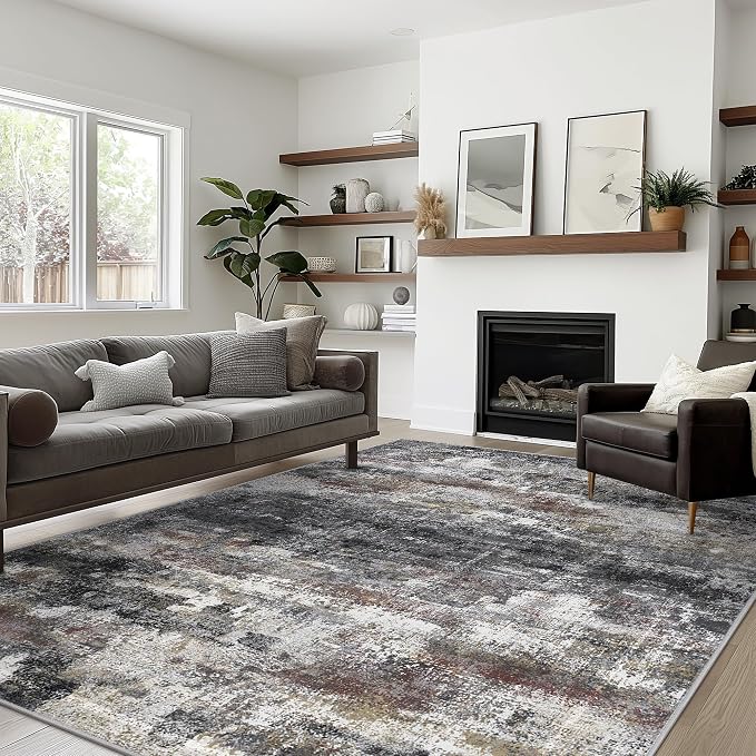 BEIMO Area Rugs 10x14 for Living Room Bedroom, Modern Abstract Machine Washable Large Dark Gray Rug, Soft Low Pile Floor Carpet with Non Slip Backing for Dining Room