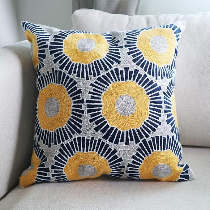 Embroidery Throw Pillow Covers 18x18 Home Decor Floor Pillow Cover for Couch Sofa Bed Room Chair 100% Cotton Cushion Cover Pillowcase 45x45cm Yellow Sunflowers Embroidered, 1 Piece