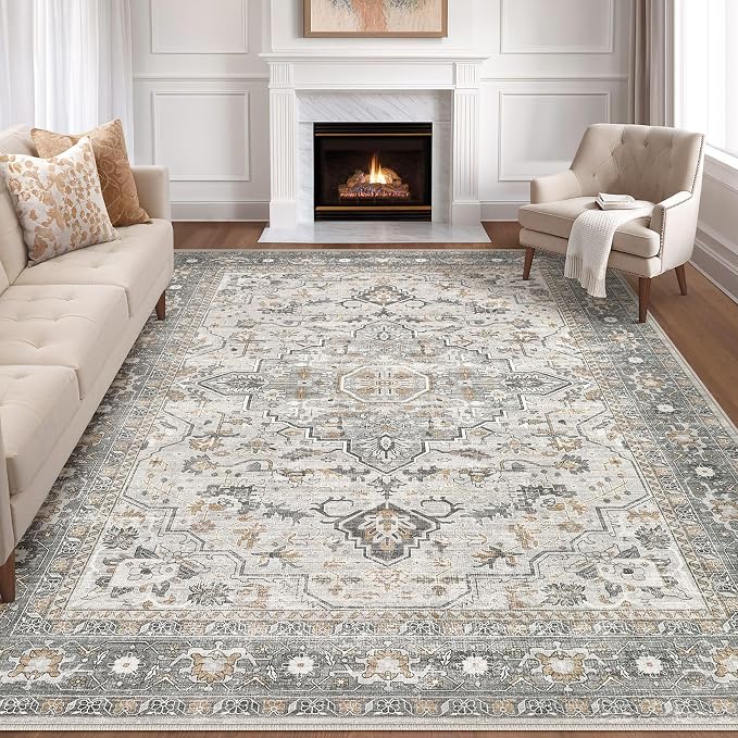 7x10 Area Rug Living Room: Washable Boho Large Neutral Vintage Soft Rugs Stain Resistant Distressed Farmhouse Non-Slip Indoor Floor Carpet for Bedroom Nursery Kids Office Dining Room- Taupe