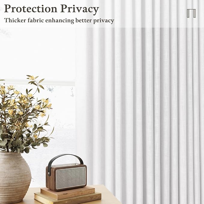 White Linen Pinch Pleated Curtains 108 Inches Long 2 Panels for Living Room Bedroom Light Filtering Linen Drapes 108 Inch Length Back Tab Semi Sheer Memory Shape Trained Ceiling to Floor Curtain 9Ft
