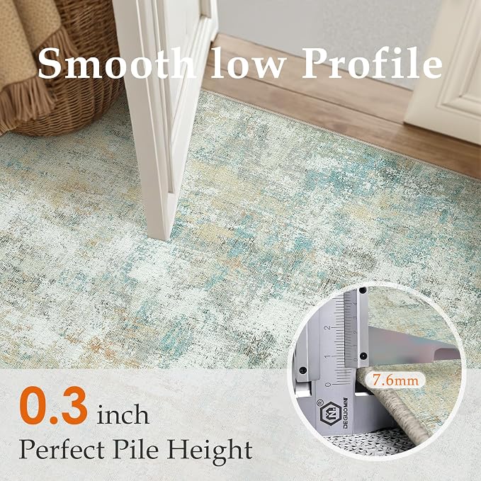 9x12 Washable Area Rug Teal Beige Abstract Non Slip Soft Low Pile Rug for Living Room Bedroom Dining Room Office Neutral Modern Indoor Large Throw Carpet for Home Decor