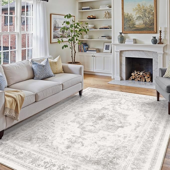 PureCozy Washable Rug 6x9 Area Rug for Living Room Light Gray Vintage Boho Medallion Large Grey Distressed Retro Carpet Non Slip Indoor Low Pile Small Soft Bedroom Dining Room Home Office