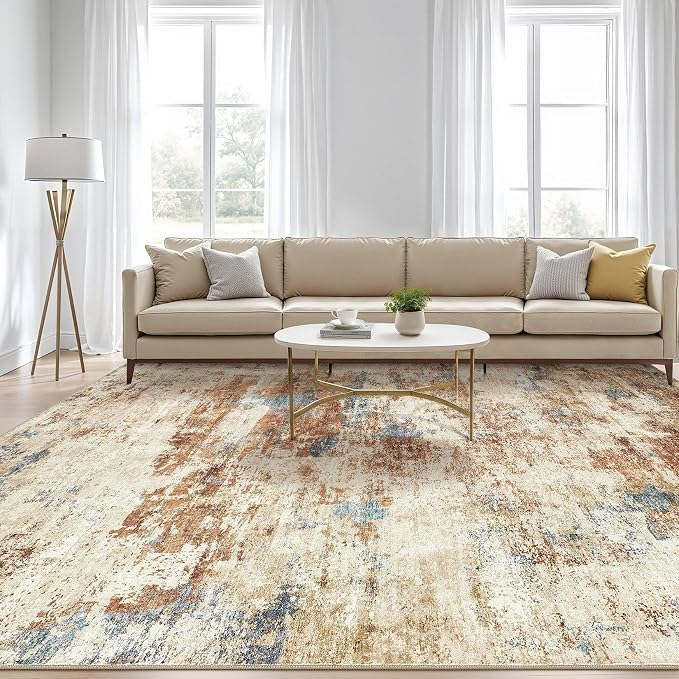 7x10 Area Rug Washable Rug: Large Abstract Modern Soft Stain Resistant Indoor Floor Non-Slip Accent Carpet for Living Room Bedroom Nursery Playroom Dining Room Office Dorm Home House- Blue Orange