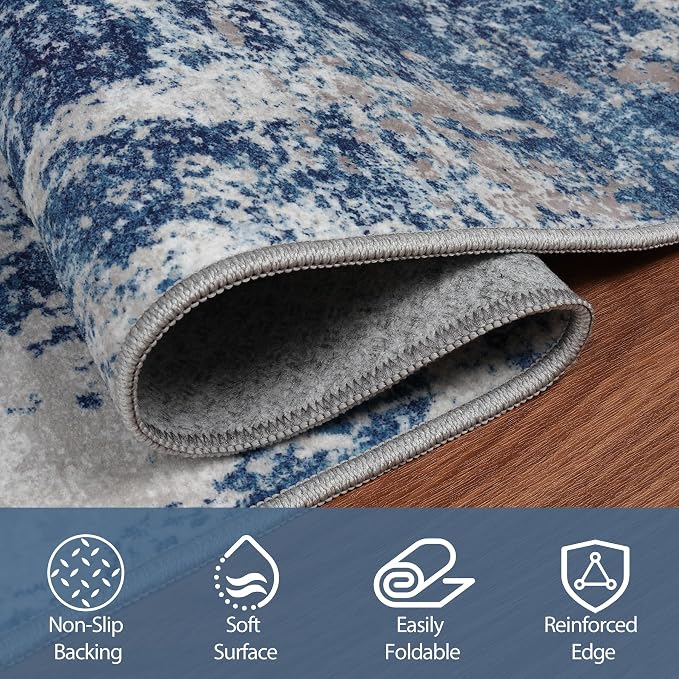 Runner Rug for Hallways Kitchen 2'6"x8' Washable Non Slip: Carpet Non Skid 8ft Entryway Rubber Backed 8 Feet Neutral Abstract Modern Rug Low Pile Pet Friendly Indoor Blue Grey White