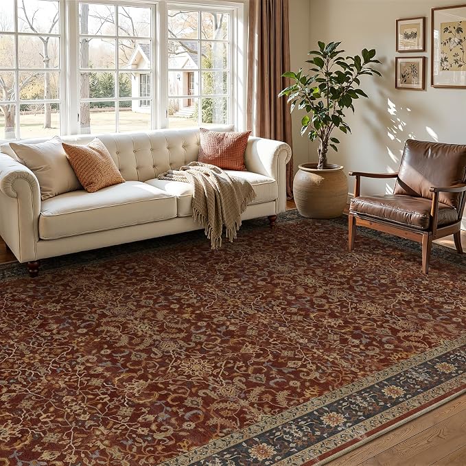 Old Money Aesthetic 6x9 Area Rugs, Low Pile Washable Rugs for Living Room Bedroom Non Slip, Vinatge Maximalist Print Carpet Rug for Dining Room Home Office, Deep Burnt Orange
