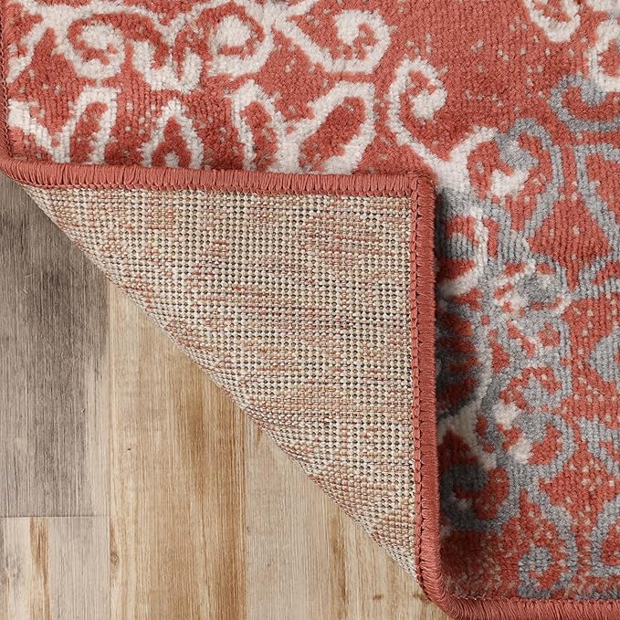 Superior Indoor Area Rug, Jute Backed, Perfect for Entryway, Office, Living/Dining Room, Bedroom, Kitchen, Hardwood Floor, Floral Scroll Decor, Leigh Collection, 4' x 6', Beige Red
