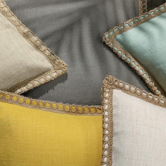 Phantoscope Pack of 2 Farmhouse Modern Fall Decorative Solid Throw Pillow Cover Burlap Linen Trimmed Tailored Edges Outdoor Pillows, Oatmeal 18 x 18 inches 45 x 45 cm