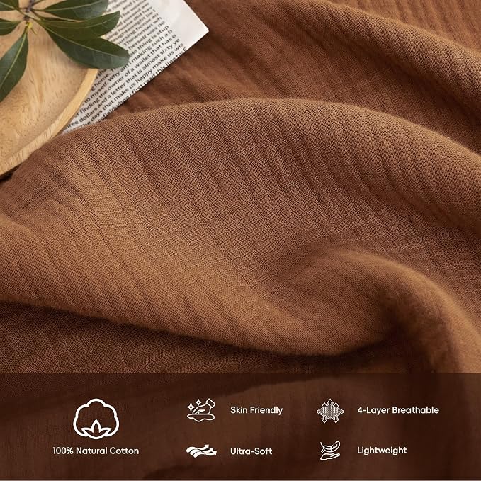 FOSSA Muslin Blanket 4-Layer 100% Cotton Gauze Blanket with Fringe 50"x60" | Super Soft Breathable Lightweight All Season & Decorative Blanket or Bed, Sofa, Office (Dark Orange,Throw)