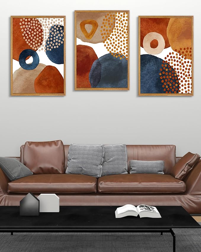 UPWOIGH Boho Abstract Framed Wall Art, 16 x 24 Inch, Set of 3 | Terracotta, Navy and Beige Geometric Prints, Modern Watercolor Boho Design, Light Wood Frames for Bedroom and Living Room