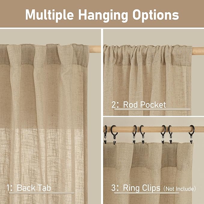 LAMIT Brown Linen Boho Curtains 68 inch Length 2 Panels, Light Filtering Semi Sheer Panels Back Tab and Rod Pocket Neutral Drapes for Bedroom/Living Room, 52 x 68 Inch