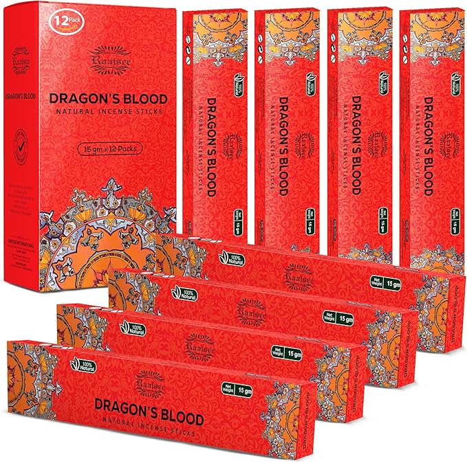 Raajsee Dragons Blood Incense Sticks (180 gm), 100% Pure Organic Natural Hand Rolled Free from Chemicals, (Pack of 12) Visit the raajsee Store