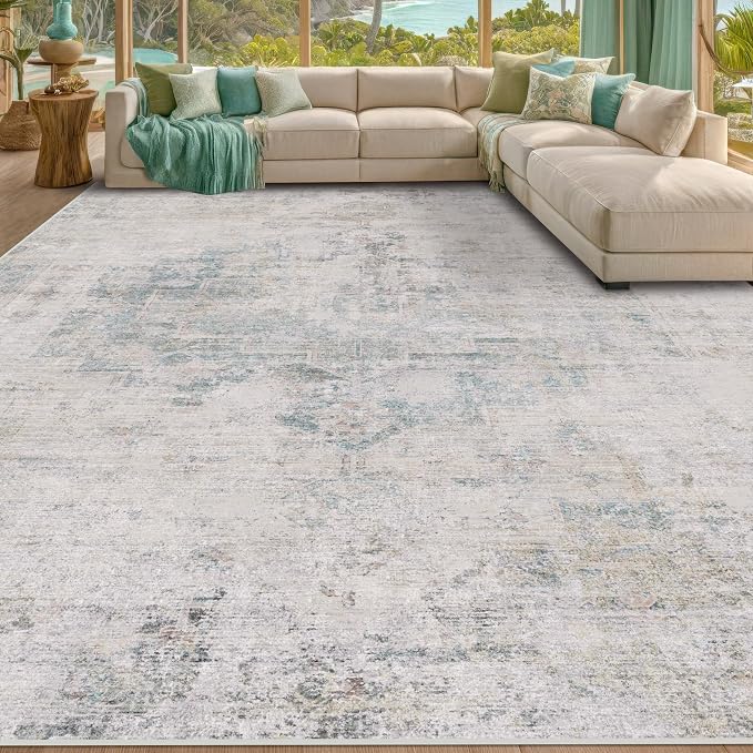 Hazo Haus Light Blue Area Rugs 8x12 for Living Room - Abstract Medallion Blue Gray Rug for Bedroom, Dining Room Under Table, Washable Non Slip, Fade & Stain Resistance