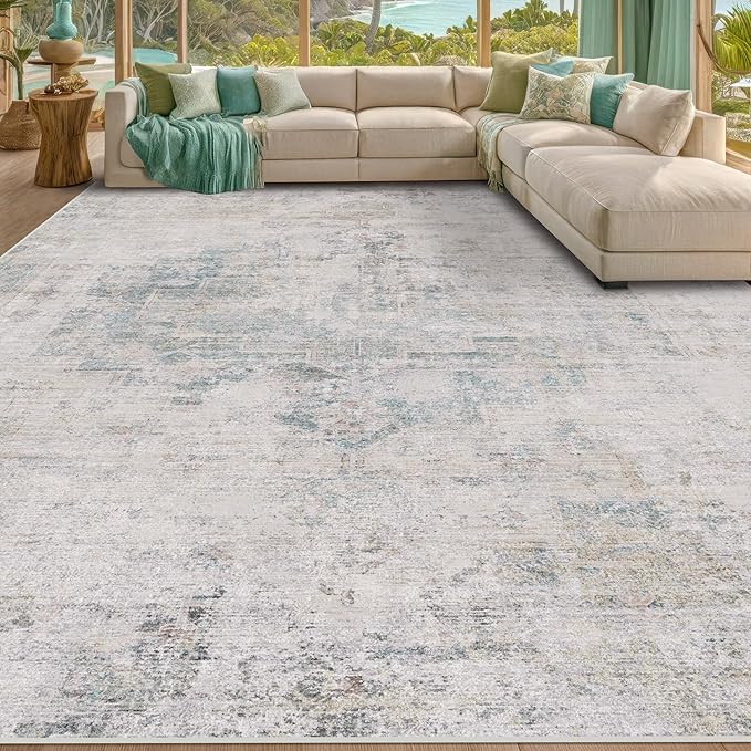 Hazo Haus Modern Farmhouse Area Rug for Living Room - 10x14 Blue Gray Big Rug for Dining Room Table, Lightweight Foldable Low Pile Washable