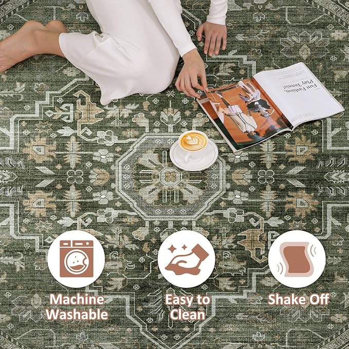 Round Rug Living Room Rugs: 7x7 Washable Boho Neutral Large Circle Soft Indoor Floral Stain Resistant Floor Farmhouse Carpet for Bedroom Nursery Kids Playroom Office Dining Room- Dark Green