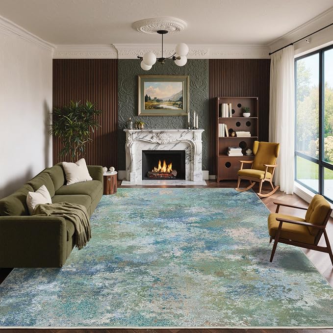 BEIMO Area Rugs 7'6"x9'6" for Living Room Bedroom, Modern Abstract Machine Washable Rug, Large Soft Low Pile Floor Carpet with Non Slip Backing for Dining Room, Blue Green