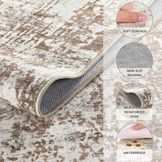 UERMEI Area Rug Living Room Rugs - Washable Neutral Modern Abstract Soft Thin Rug Indoor Floor No Slip Rug Carpet for Bedroom Under Dining Table Home Office Decor - Brown/Grey/Red - 6x9