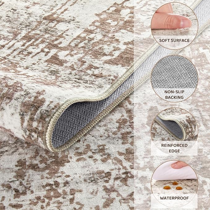 UERMEI 8ft Round Area Rug Living Room Rugs - 8x8 Washable Neutral Modern Abstract Soft Thin Rug Indoor Floor No Slip Rug Carpet for Bedroom Under Dining Table Home Office Decor - Brown/Grey/Red