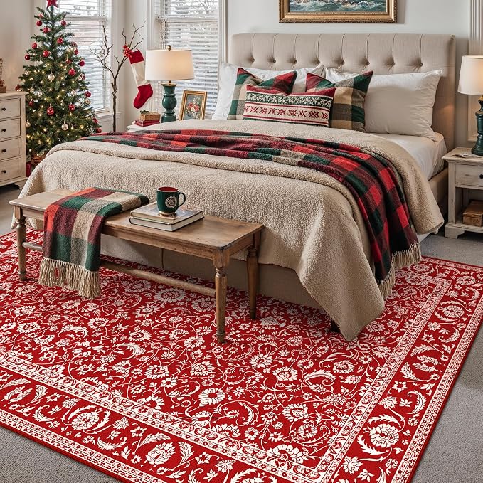 HUGEAR Vintage 5x7 Machine Washable Rugs Red Hallway Area Rug Indoor Accent Rug Floral Low Pile Carpet Soft Throw Aesthetic Rug Bedroom Living Room Office Dining Room Kitchen Laundry Room Non Slip