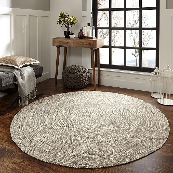 Superior Indoor/Outdoor Area Rug, Dual-Tone Reversible Braided Floor Decor for Patio, Front Porch, Entryway, Living Room, Office, Nursery, Artistic Home, 4' Round, Canvas-White