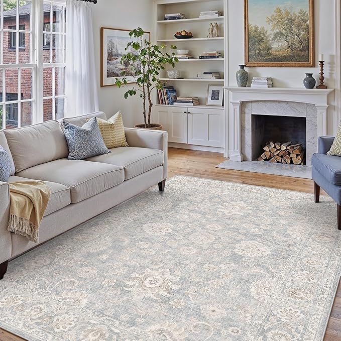 7x9 Blue Cream Washable Area Rug for Living Room Bedroom Neutral Floral Soft Non Slip Rug Low Pile Distressed Carpet for Dining Room Nursery Office Indoor