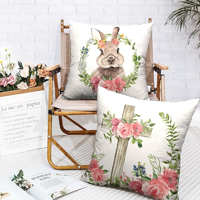 Bunny Floral Wreath Throw Pillow Covers Cross Easter Pillow Covers 16x16 Set of 2 Spring Pink Flowers Cushion Case Cotton Linen Pillowcase for Home Decor Sofa Couch
