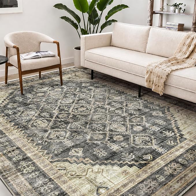 CHAMPLANT Washable Area Rug 8'x10' Retro Boho Design Non-Shedding Non-Slip Easy Care Ideal for High Traffic Areas in Living Room Bedroom Office Coffee Table Kitchen Large Carpet