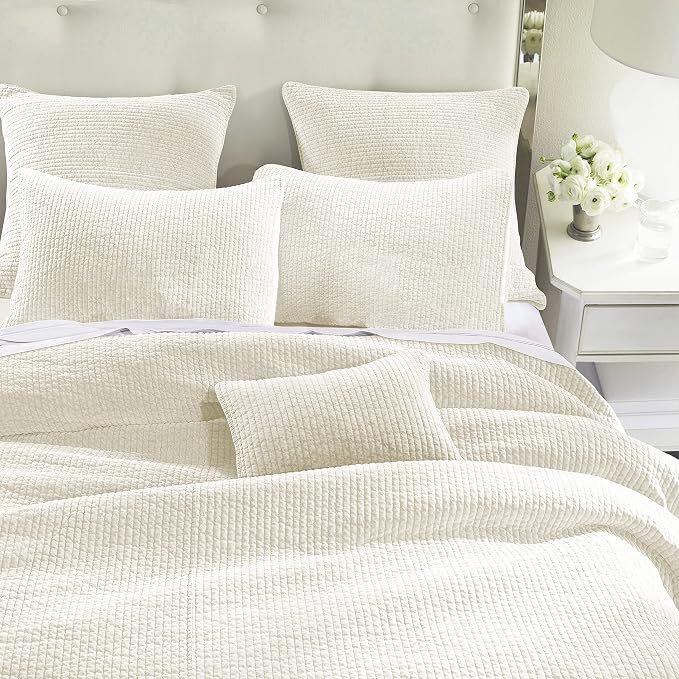 HiEnd Accents Stonewashed Velvet Quilted Euro Sham, 27x27 inch, Vintage White Solid Color, Classic Traditional Rustic Style Luxury Bedding