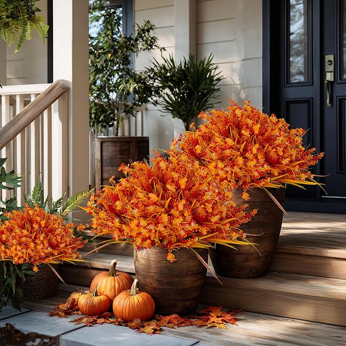 AXYLEX Artificial Fall Flowers Outdoor Fake Mums - 16 Bundles Fake Plants UV Resistant No Fade Faux Plastic Greenery Garden Porch Patio Fall Home Decor (1, OrangeYellow)