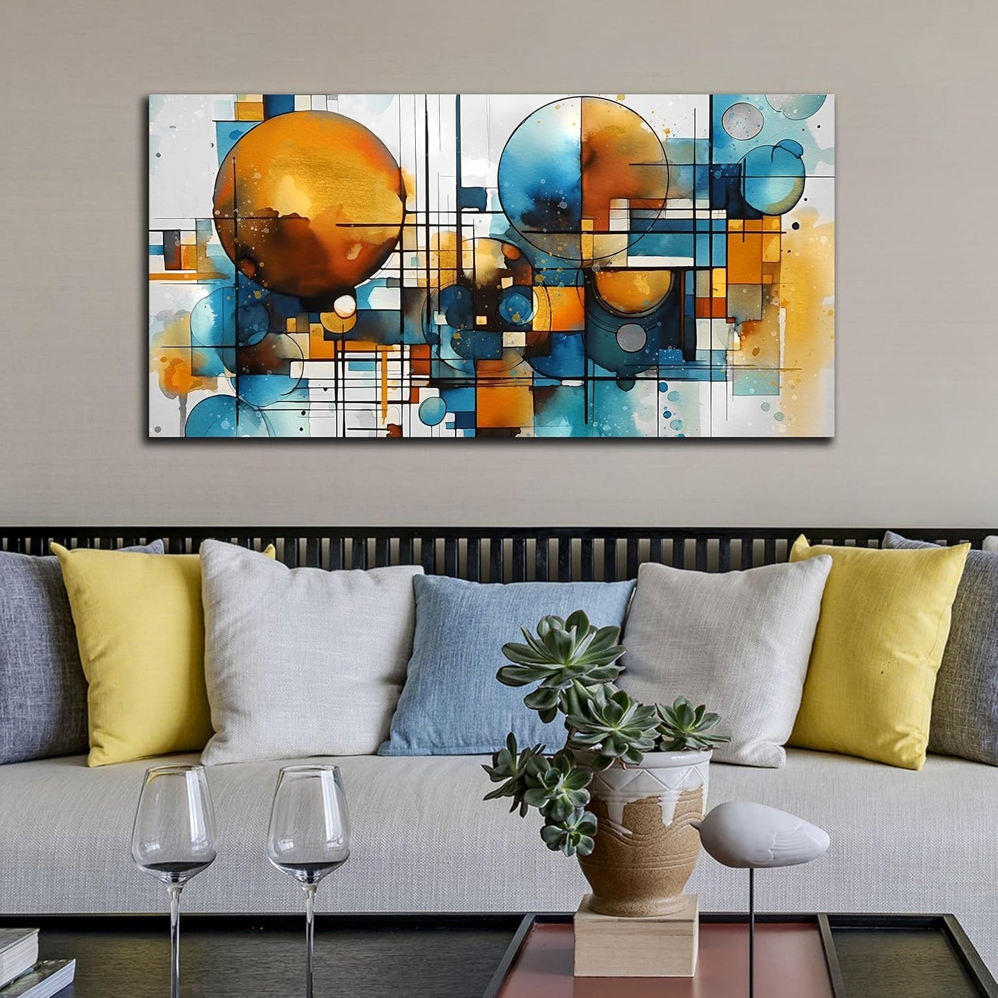 ENTANUB Abstract Canvas Wall Art for Living Room, Circle Wall Decor for Bedroom, Orange and Blue Canvas Print Paintings Artwork, Size 24x48 Inches