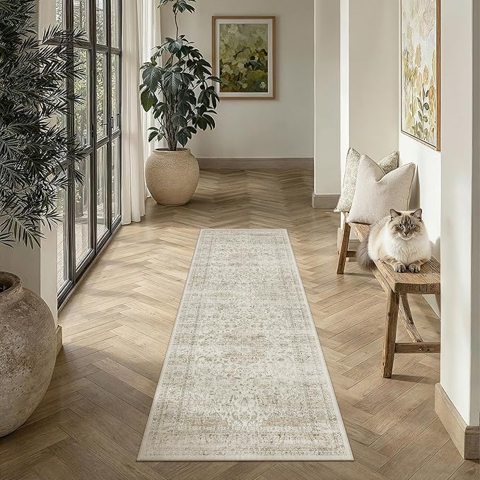 2x5 Washable Runner Rug Beige Vintage Non Slip Soft Low Pile Hallway Kitchen Rug Distressed Oriental Carpet for Laundry Bathroom Bedroom Living Room Home Decor